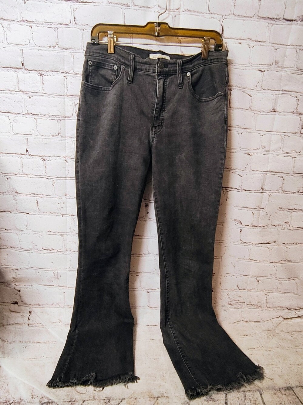 Madewell Cali Demi Boot Cut Black Faded Stretch Jeans Sz 30 T Raw Hem